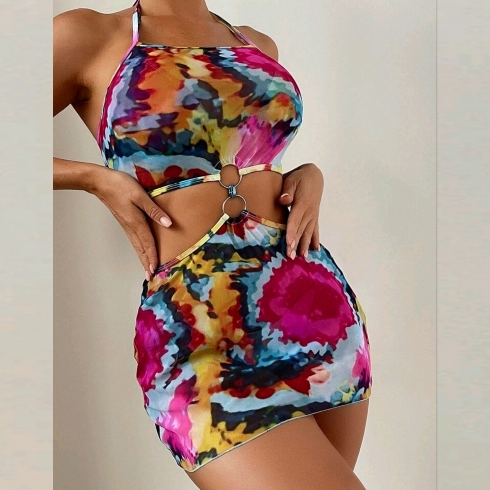 NWT Colorful Tie Dye O-Ring Cut Out Cover Up Dress